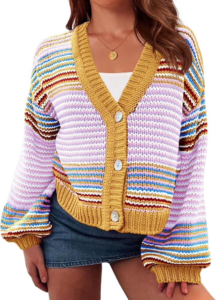 Saodimallsu Womens Color Block Cardigan Trendy Oversized Cropped Sweaters | Amazon (US)
