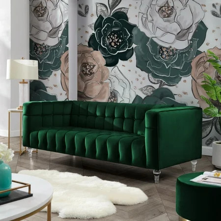 Inspired Home Grant Hunter Green Velvet Sofa - Biscuit Tufted | Lucite Leg | Sinuous Springs | Walmart (US)