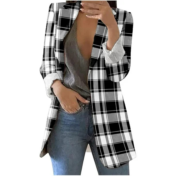 Plaid Blazer Jackets for Women,Womens Casual Blazers Open Front Long Sleeve Lapel Collar Work Off... | Walmart (US)