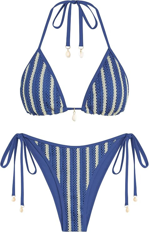 ZAFUL Women's Colorblock Stripes Triangle Halter Tied Cheeky Thong Bikini Set High Cut Two Piece ... | Amazon (US)