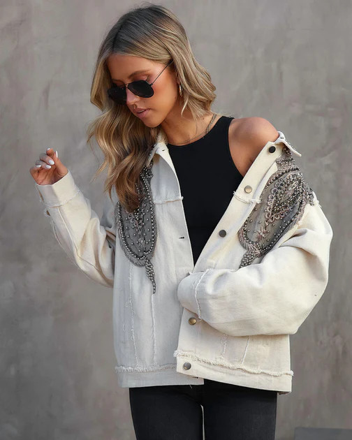 Glam Rodeo Pocketed Studded Embroidered Jacket - White | VICI