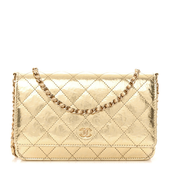 Hammered Metallic Calfskin Quilted Wallet On Chain WOC Gold | FASHIONPHILE (US)