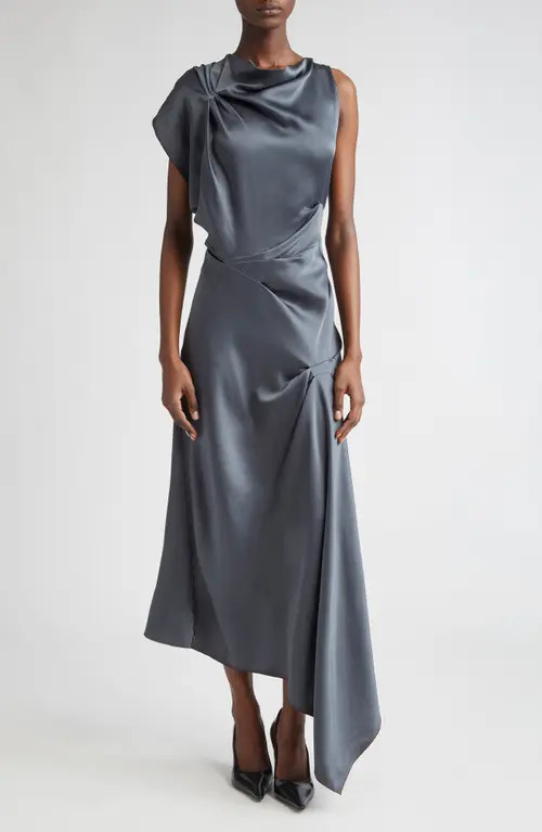 Victoria Beckham Asymmetric Draped Satin Midi Dress in Graphite at Nordstrom, Size 2 Us | Nordstrom