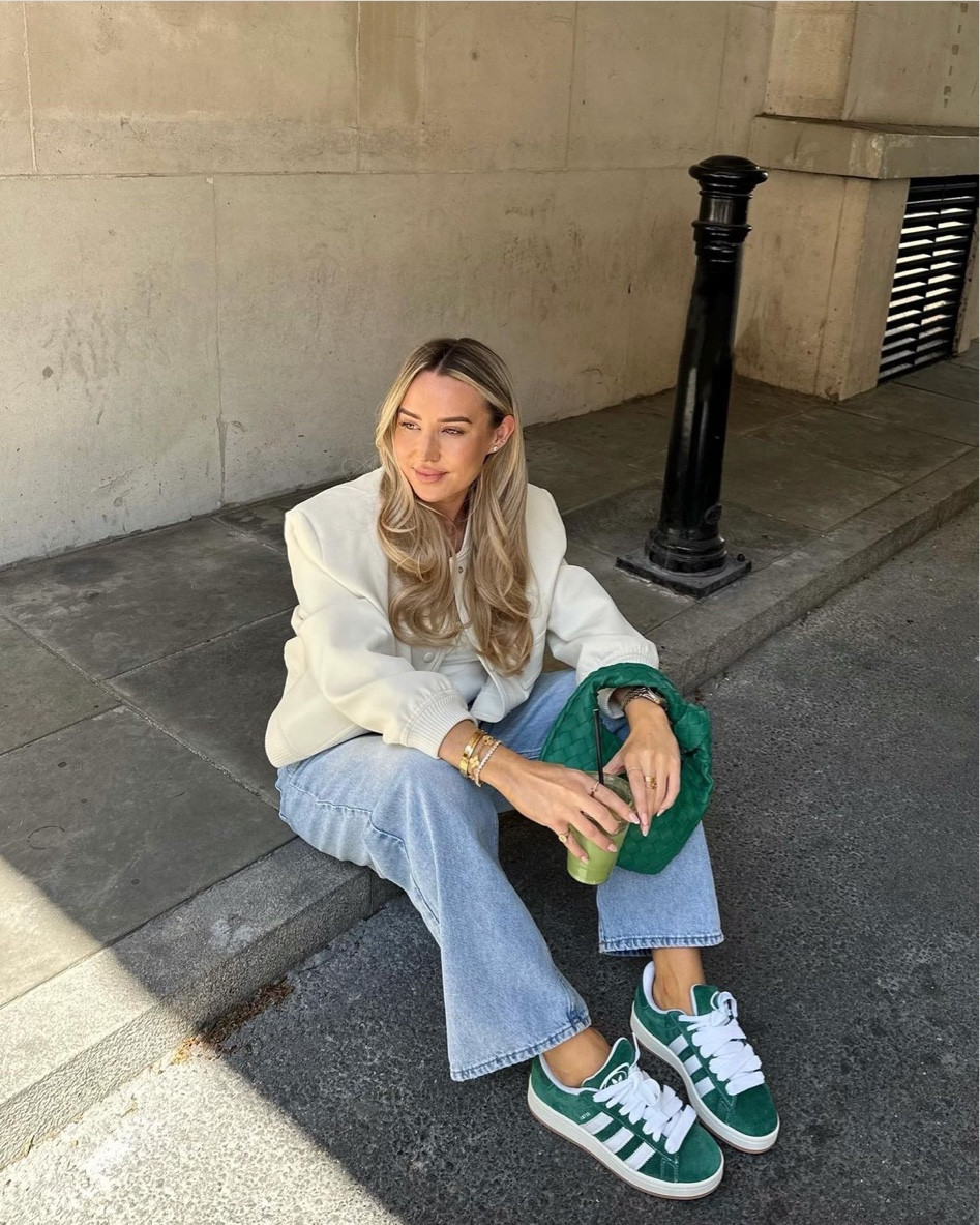 Matchy matcha outfit - blue wide leg jeans & cream jacket styled with green accessories - Bottega style handbag & adidas gazelle trainers

#LTKeurope #LTKstyletip #LTKSeasonal