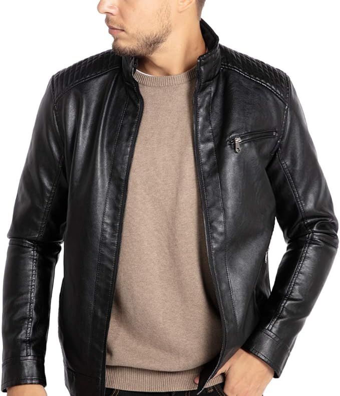 WULFUL Men's Stand Collar Leather Jacket Motorcycle Lightweight Faux Leather Outwear | Amazon (US)