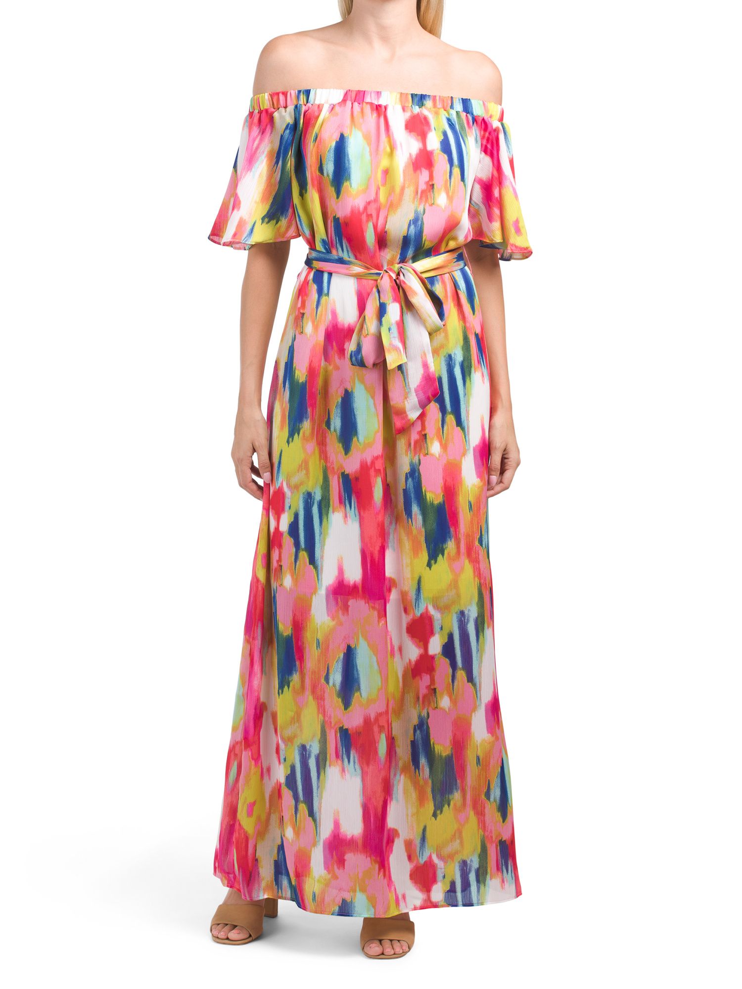 Georgette Off The Shoulder Watercolor Maxi Dress | TJ Maxx