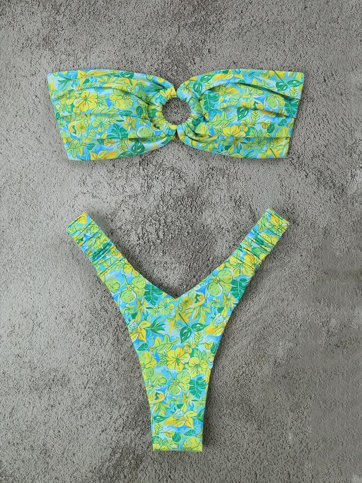 Floral Print Ring Linked Bandeau Bikini Set | SHEIN