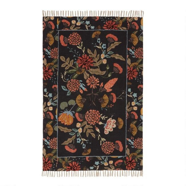Black and Sage Floral Embroidered Cotton Jaipur Area Rug | World Market