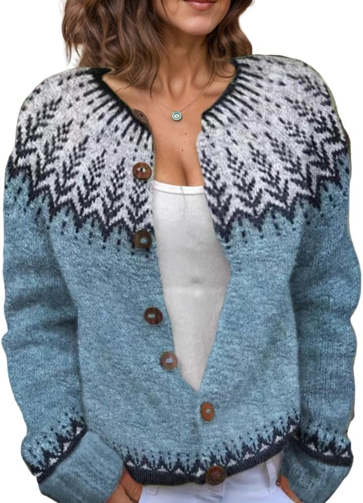 Womens Colorful Fair Isle Cardigan Sweater Button Down Christmas Oversized Cute Vintage Knit Card... | Amazon (US)