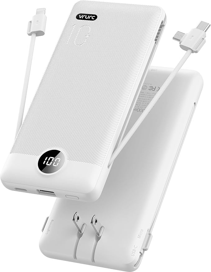 VRURC Portable Charger Built-in Cables and AC Wall Plug, USB C Power Bank 10000mAh, Travel Essent... | Amazon (US)