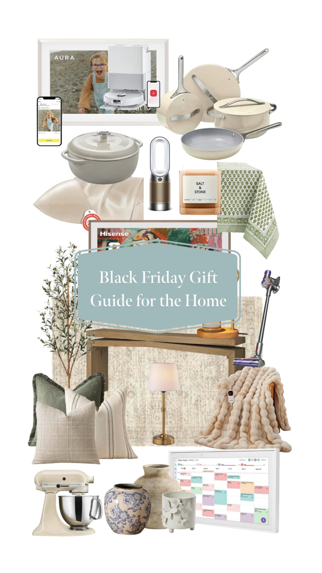 Black Friday Gift Guide for the Home featuring Salt and Stone candle, table cloth, digital calendar, accent pillows, floor tree, wood console table, lamps, cleaning supplies, picture frame tv, blanket, etc.#LTKFinds #LTKFavorites #HomeStyleDaily 

 

#LTKHome #LTKHome
