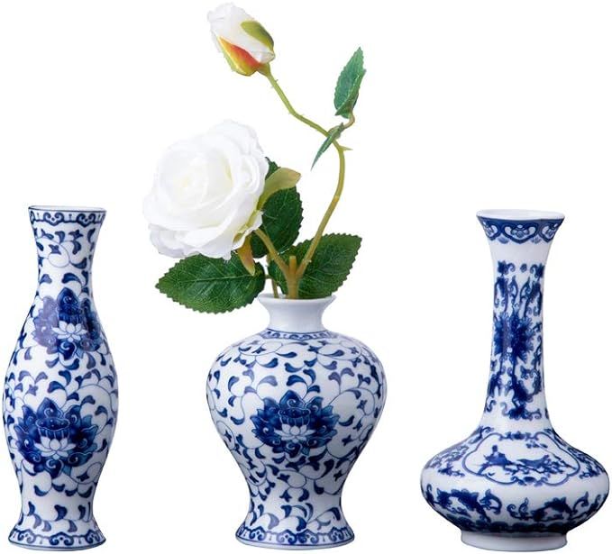 Set of 3 Mini Blue & White Porcelain Vases, Fambe Glaze Porcelain Vases Set of 3, Classic Ceramic... | Amazon (US)