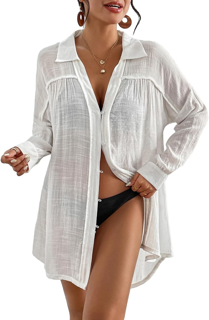Bsubseach Long Sleeve Cover Up Oversized White Button Down Shirt Women Black Coverup | Amazon (US)