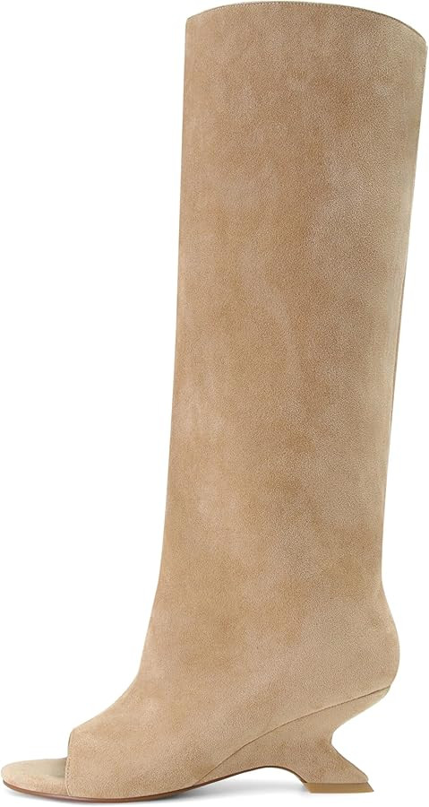 Peep Toe Knee High Boots for Women Suede Pull On Wedge Heel Long Tall Boots Fashion High Heel Dre... | Amazon (CA)