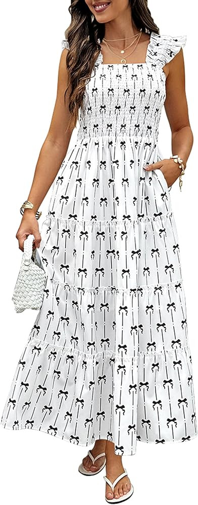 ECOWISH Women's 2025 Summer Maxi Dress Casual Sleeveless Square Neck Smocked Ruffle Bow Tiered Fl... | Amazon (US)