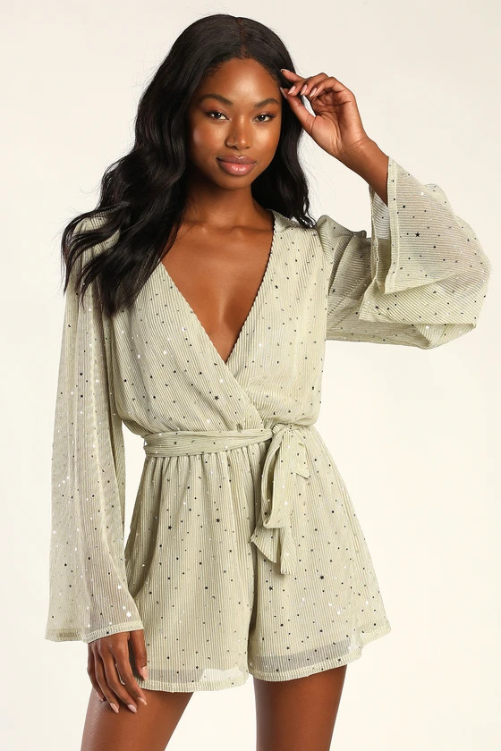Starry Spectacle Champagne Metallic Surplice Long Sleeve Romper | Lulus (US)