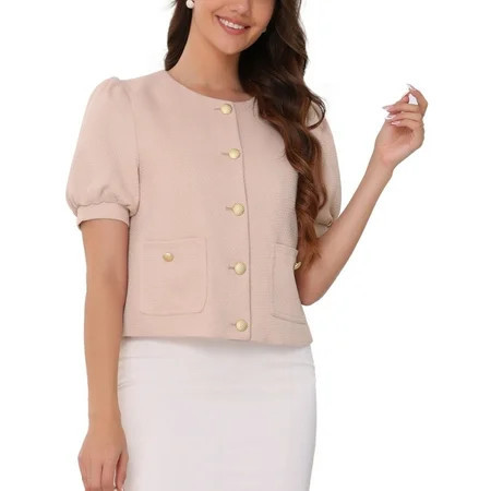 DARING DIVA Cropped Tweed Puff Short Sleeve Crew Neck Office Blazer L Light Pink | Walmart (US)