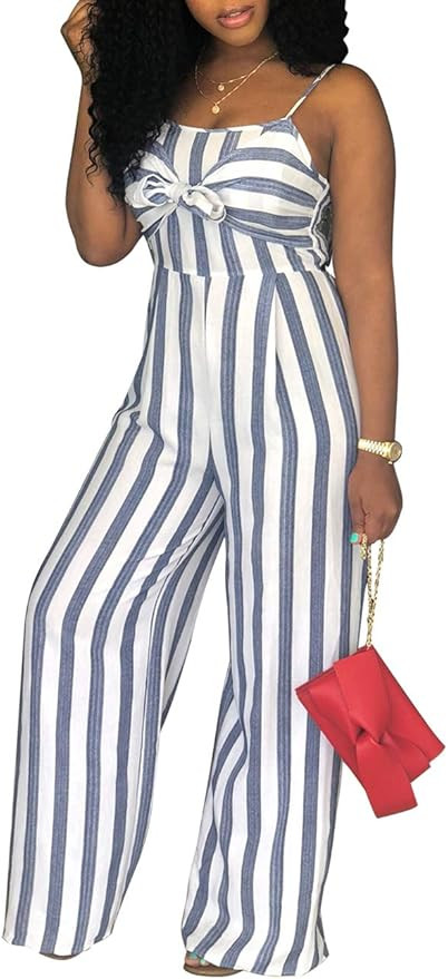 PerZeal Women's Sexy Spaghetti Strap Stripe Jumpsuits Casual Wide Leg Long Pants Rompers Sleevele... | Amazon (US)