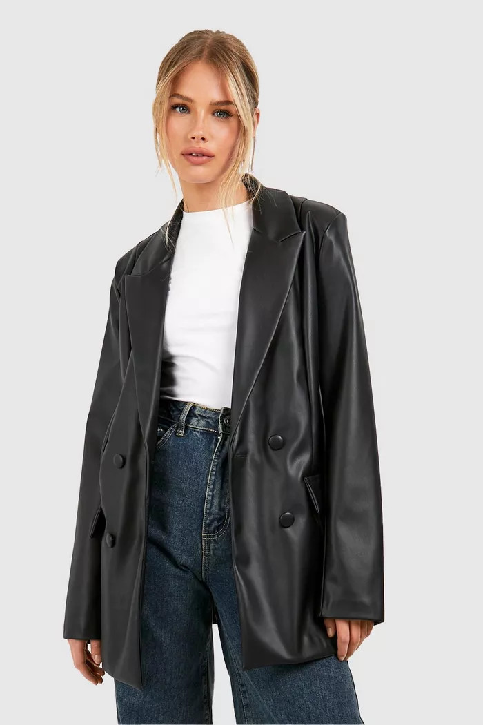 Faux Leather Double Breasted Relaxed Fit Blazer | boohoo (US & Canada)