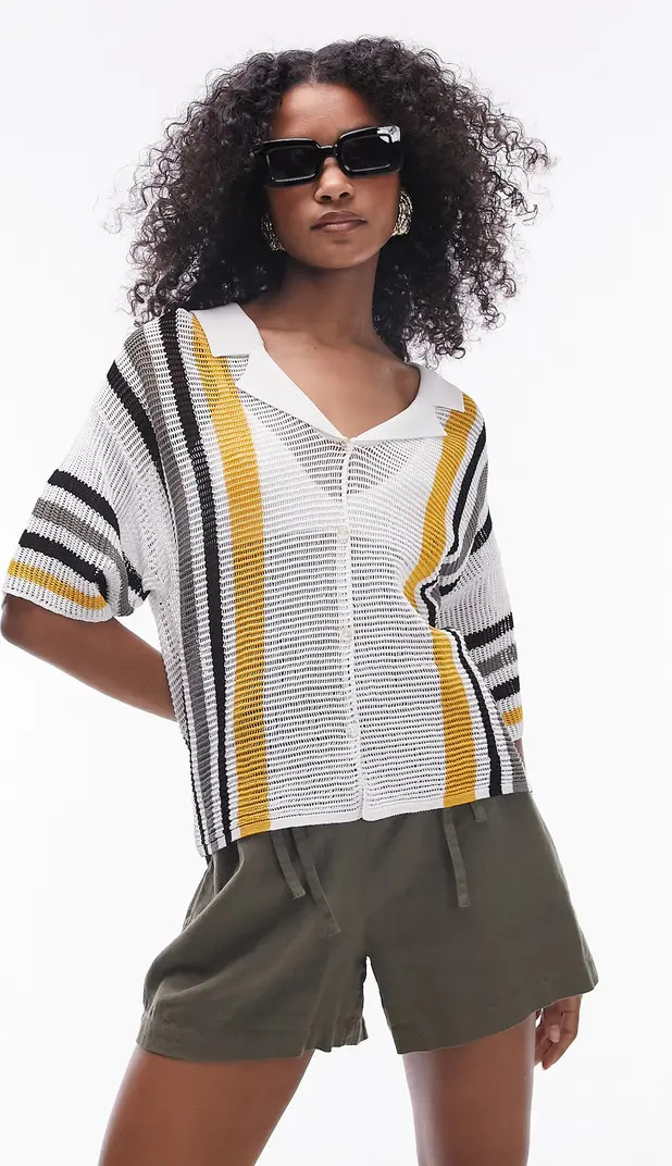 Topshop Stripe Open Stitch Polo Sweater | Nordstrom | Nordstrom