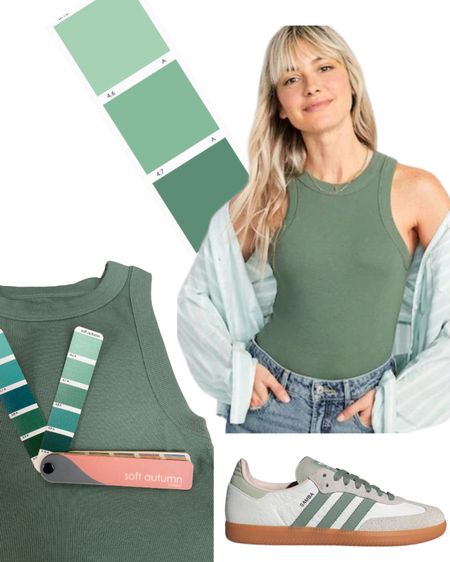 Pretty #softautumn green ribbed tank top! In person, the top is suuuper close to 4.8A on the TCI color fan. The light reflects a little different off the fabric than it does the color swatch. 

Shoes are not exactly Soft Autumn, but close and they work well, in my opinion!

#LTKstyletip #LTKfindsunder50