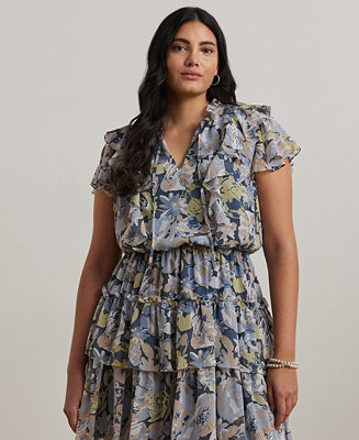 Lauren Ralph Lauren Plus Size Floral Ruffle-Trim Georgette Dress - Macy's | Macy's