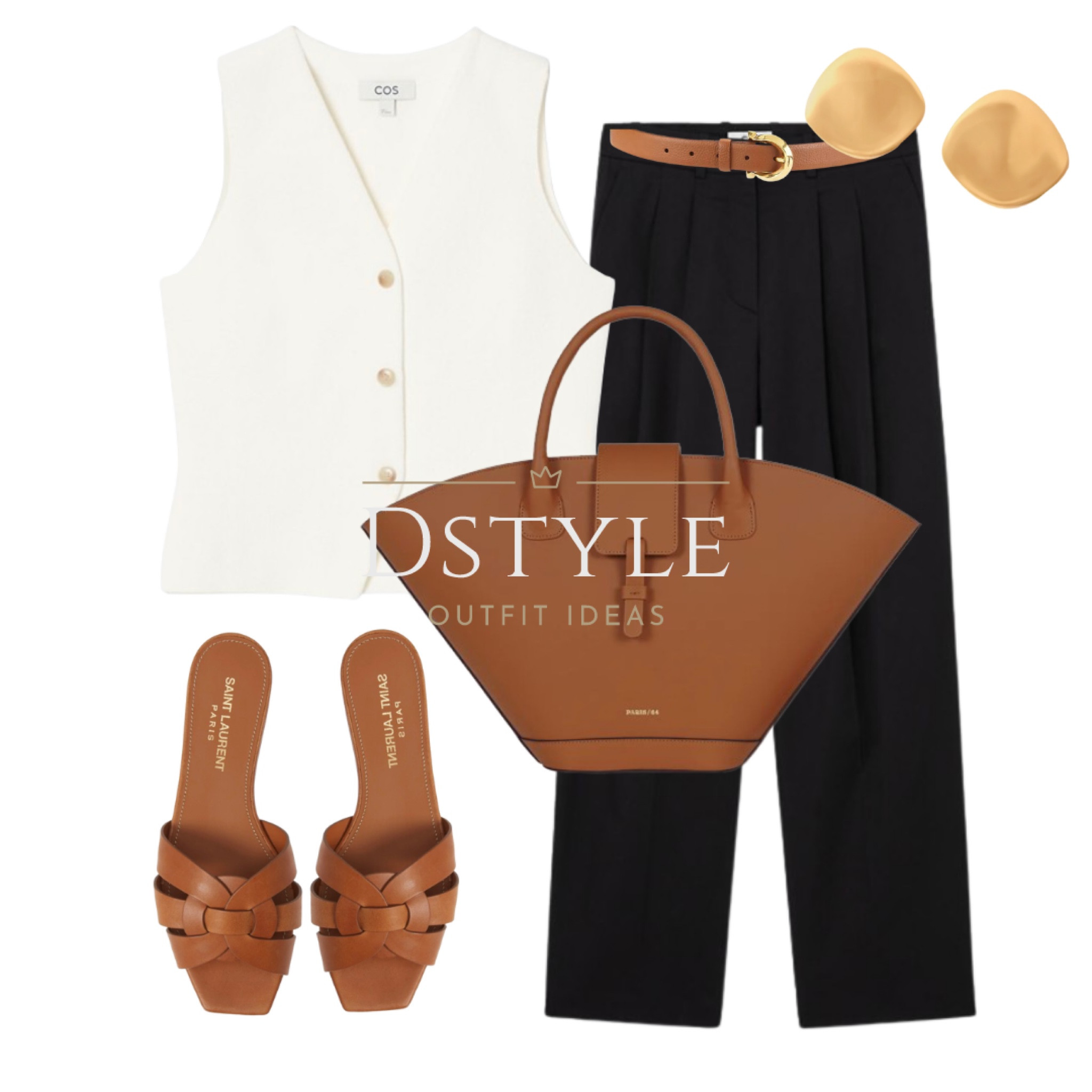 Ivory knitted vest, waistcoat, black tailored pants, trousers, brown leather bag, brown slide sandals, tan leather accessories, neutral outfit, summer chic

#LTKItBag #LTKShoeCrush #LTKWorkwear