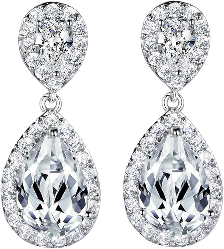SELOVO Bridal Teardrop Drop Earrings Pierced/Clip Earrings Cubic Zirconia Silver Tone | Amazon (US)