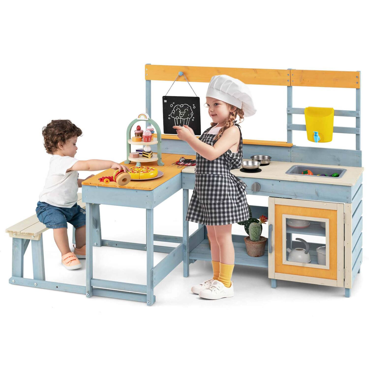 Costway - Mud Kitchen with Kids Picnic Table Built-in Bench Blackboard Water Box Sink - Multicolor | Best Buy U.S.