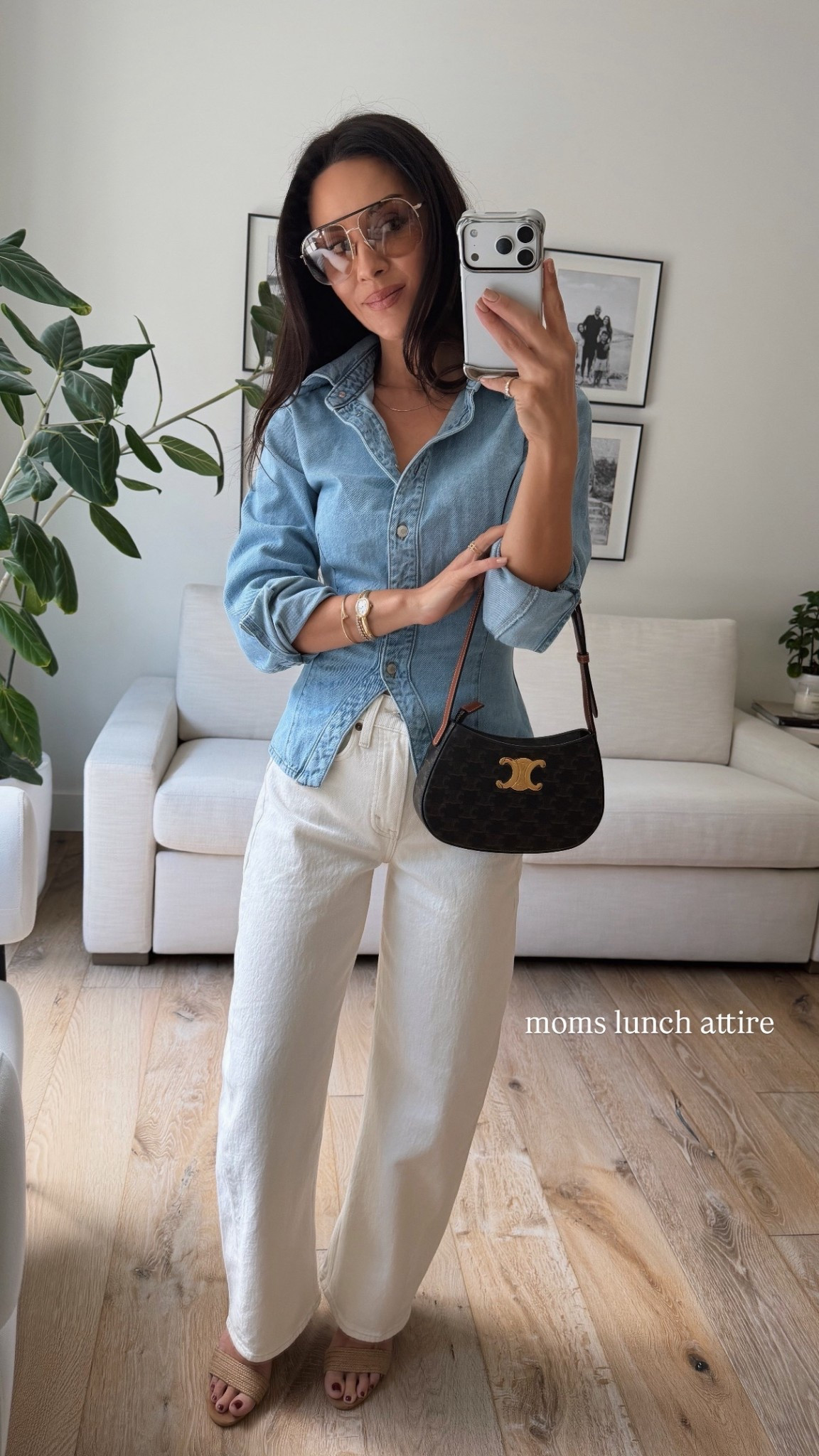 Spring casual for a moms lunch meetup. Loving all the lighter washes denim. This ivory repair is perfect and under $100 love this slight barrel vibe. Also love a good button-down denim shirt, and love that this one is sent the way through on a pair of oversight sunnies to finish it off.

#LTKOver40 #LTKmomlife #LTKootd