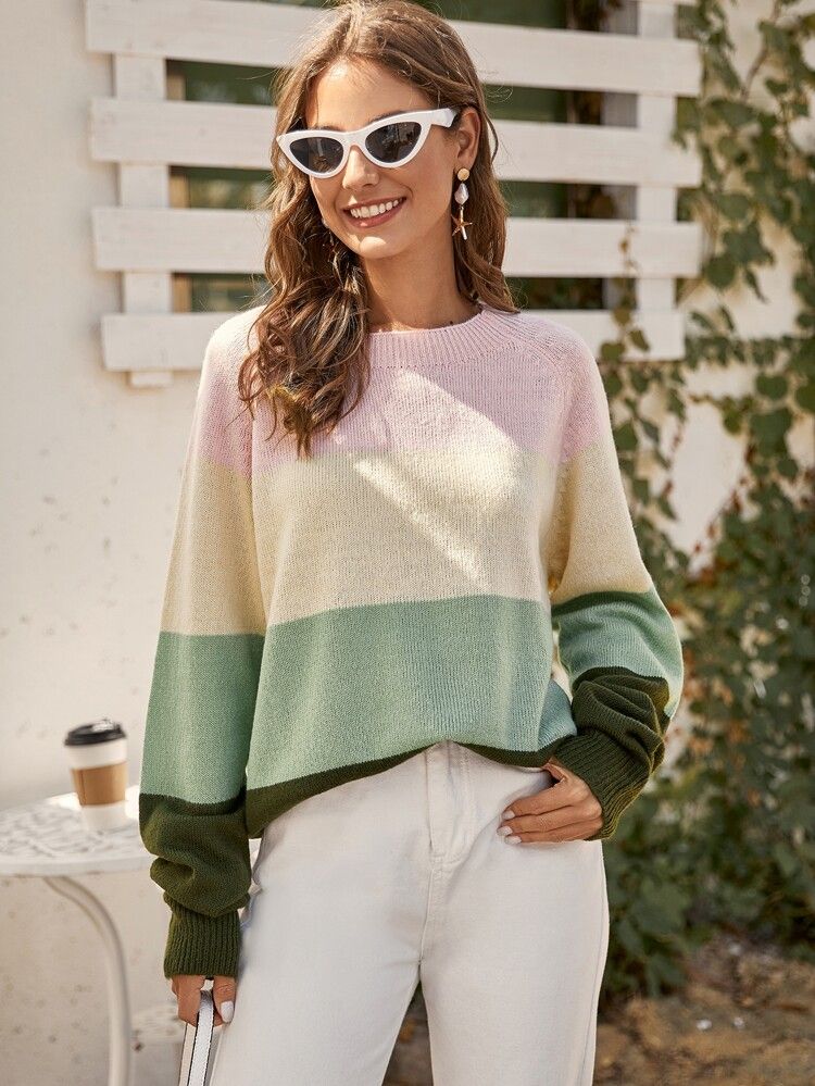Raglan Sleeve Colorblock Oversized Sweater | SHEIN