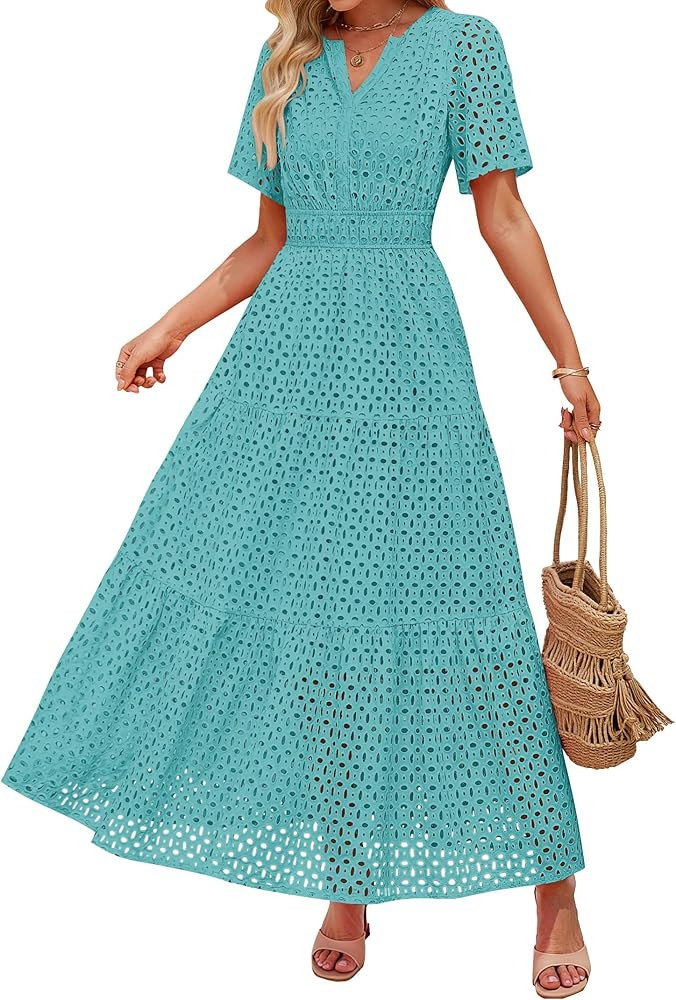 ZESICA Women's 2025 Summer Short Sleeve Maxi Dress Casual V Neck Hollow Out Eyelet Ruffle Swing A... | Amazon (US)
