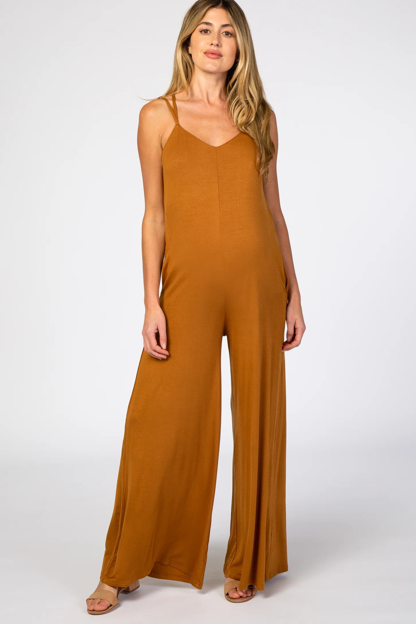 Camel Cross Back Wide Leg Maternity Jumpsuit | PinkBlush Maternity