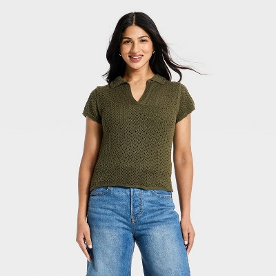 Women's Short Sleeve Polo Collar Pullover Sweater - Universal Thread™ Green M | Target