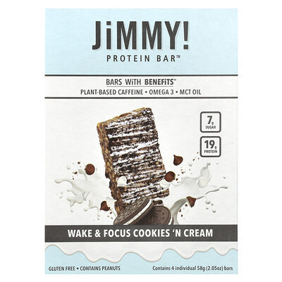 JiMMY!, Bars With Benefits™, Protein Bar, Cookies 'N Cream, 4 Bars, 2.05 oz (58 g) Each | iHerb