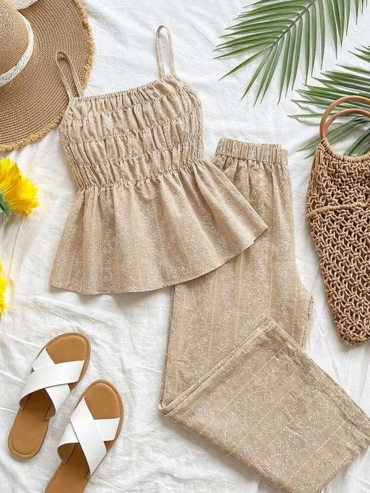 SHEIN Sparklyn 2pcs/Set Teen GirlCasual Camisole Top And Wide Leg Pants Set, Summer | SHEIN
