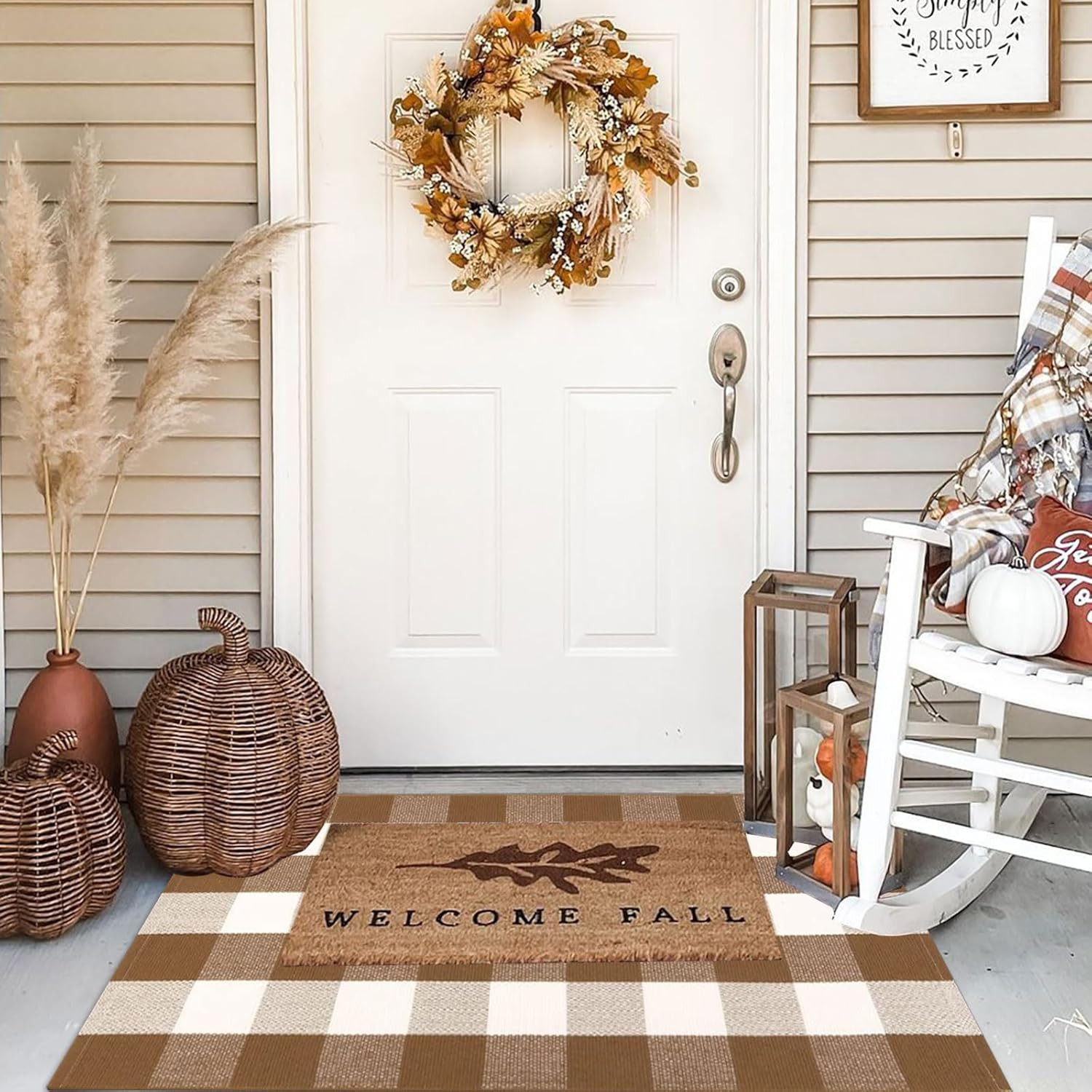 CAINANEL Fall Door Mat Front Door Rug Farmhouse Brown and White Buffalo Check Rug Layered Welcome... | Amazon (US)