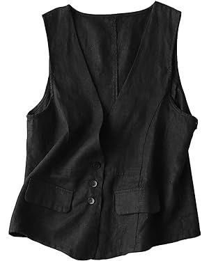 Shiyifa Women's Sleeveless Cotton Linen Vest Button Down V Neck Waistcoat Jacket | Amazon (US)
