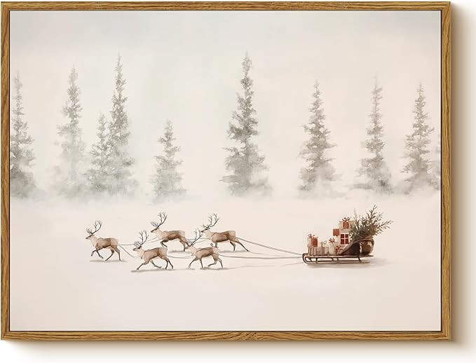 Vintage Framed Christmas Reindeer Sleigh Wall Art 12x16, Winter Canvas Print Santa Sleigh Gifts i... | Amazon (US)
