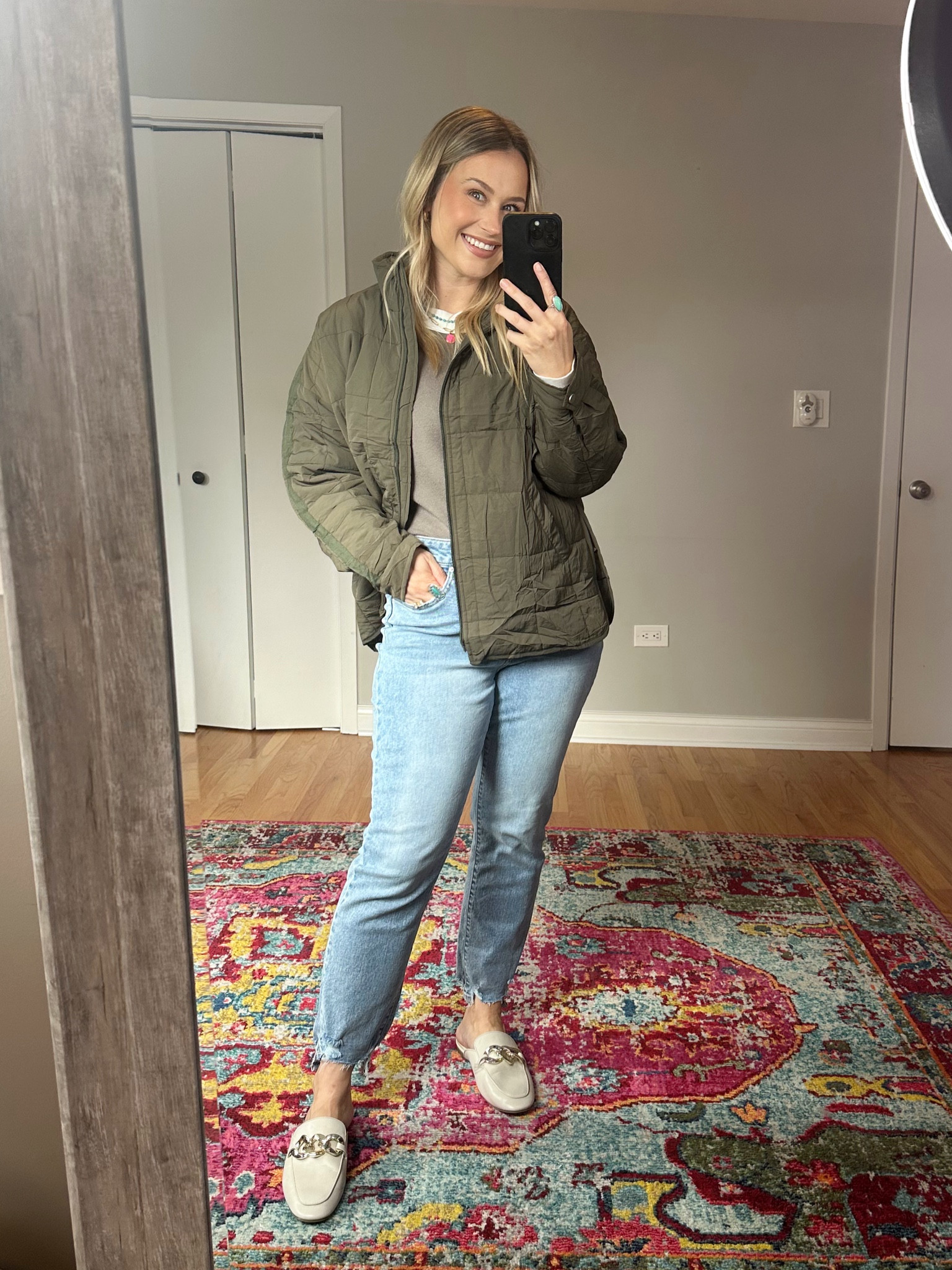 Casual fall outfit / sweater and jacket are both free people inspired amazon fashion finds, jeans are under $25 also linked my necklaces and mules #falloutfits 

#LTKsalealert #LTKfindsunder50 #LTKshoecrush