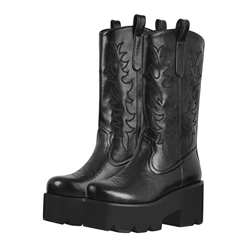 richealnini Women's Cowgirl Cowboy Western Boots Platform Embroidered Block Chunky Heeled Booties Mid Wide Calf Thick Heeled Pull-On Knee High Boots with Tab Black Size 5 | Amazon (US)