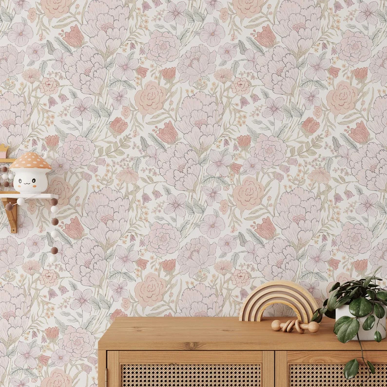 Pressed Floral Wallpaper: Romantic Meadow, Peel and Stick or Pre-pasted - Etsy | Etsy (US)