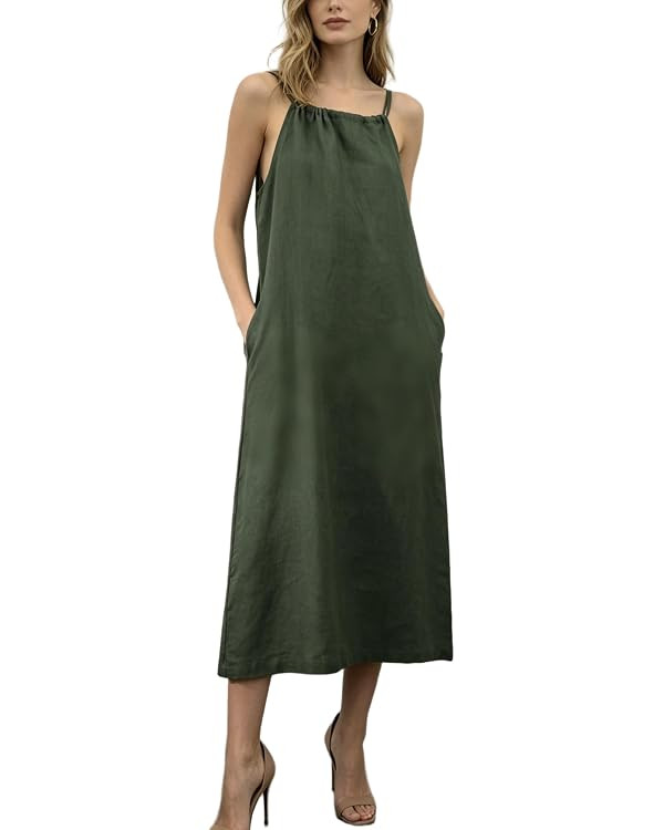 Amazhiyu Women's Pure Linen Maxi Dress Casual Tie Back Halter Sleeveless Long Dress with Belt and... | Amazon (UK)