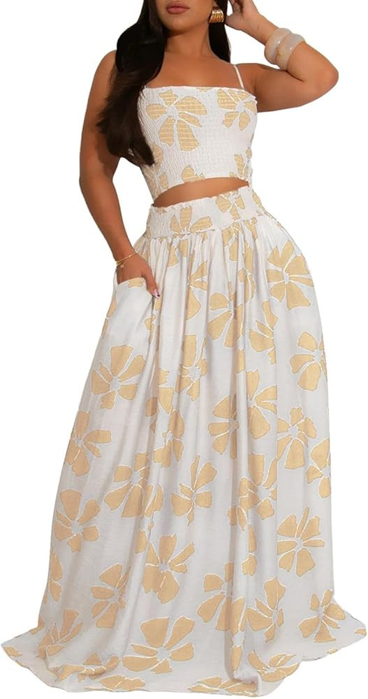 HANMAX Two Piece Sets for Women Summer Floral Beach Outfit Casual Sleeveless Cropped Tank Top Hig... | Amazon (US)