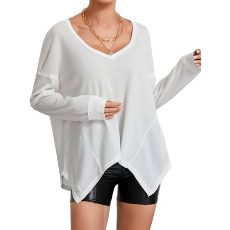 Dewadbow Women Long Sleeve T-Shirts Solid Color Dropped Shoulders Waffle Shirts | Walmart (US)