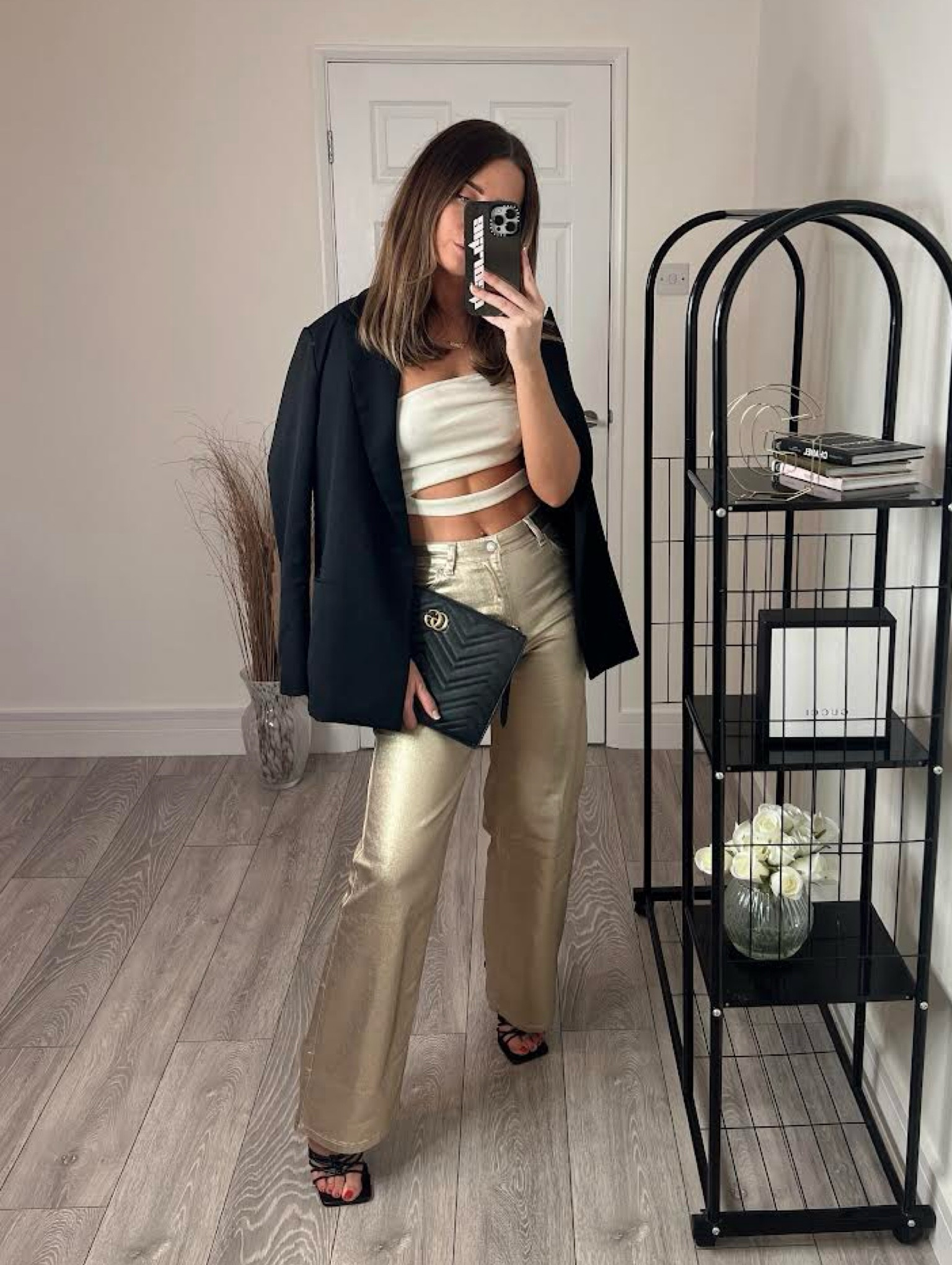 In the style, Pretty little thing, Plt, Bershka, Pull and bear, Stradivarius, Asos, Gucci, Flannels, Public desire, transitional outfit, transitional style, black blazer, oversized blazer, bandeau top, cut out top, gold trousers, gold jeans, metallic trousers, strappy heels, black heels, Gucci marmont, Gucci clutch, date night outfit, party outfit, style inspiration 

#LTKSeasonal #LTKeurope #LTKstyletip