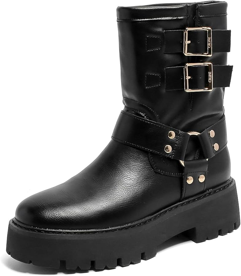 Women's Mid-Calf Cowboy Boots Platform Ankle Bootie Lug Sole Buckle Combat Boots,Black,7.5 | Amazon (US)