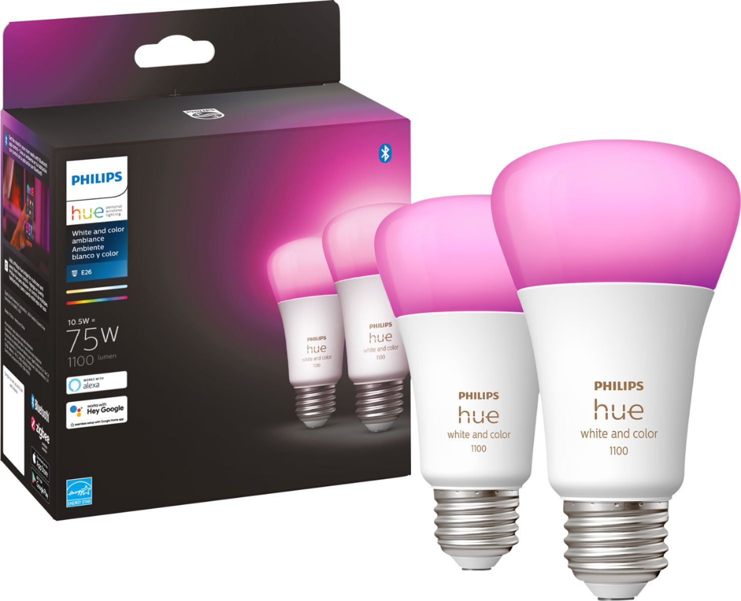 Philips Hue A19 Bluetooth 75W Smart LED Bulbs (2-Pack) White and Color Ambiance 563361 - Best Buy | Best Buy U.S.