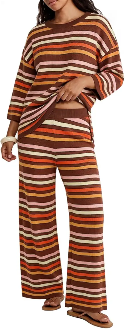 Tankaneo Womens Striped 2 Piece Sets Oversized Sweater and Wide Leg Pants