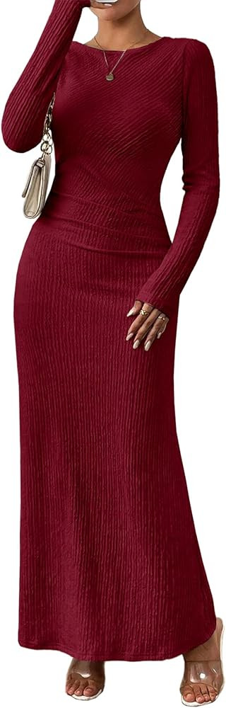 MITILLY Fall Dress for Women 2024 Long Sleeve Maxi Dress Formal Crew Neck Bodycon Ruched Textured... | Amazon (US)